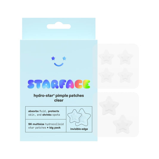 Starface Hydro-Star Clear Big Pack, Invisible Hydrocolloid Pimple Patches, Two Sizes and Star Shape, Absorb Fluid and Reduce Redness (96 Count)