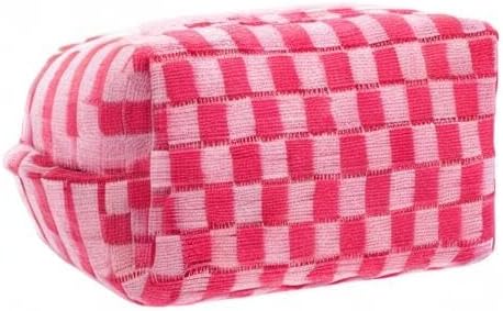 PAZIMIIK Checkered Makeup Bag for Purse Portable Zipper Make Up Pouch Small Cosmetic Case for Travel Accessories (Hotpink)