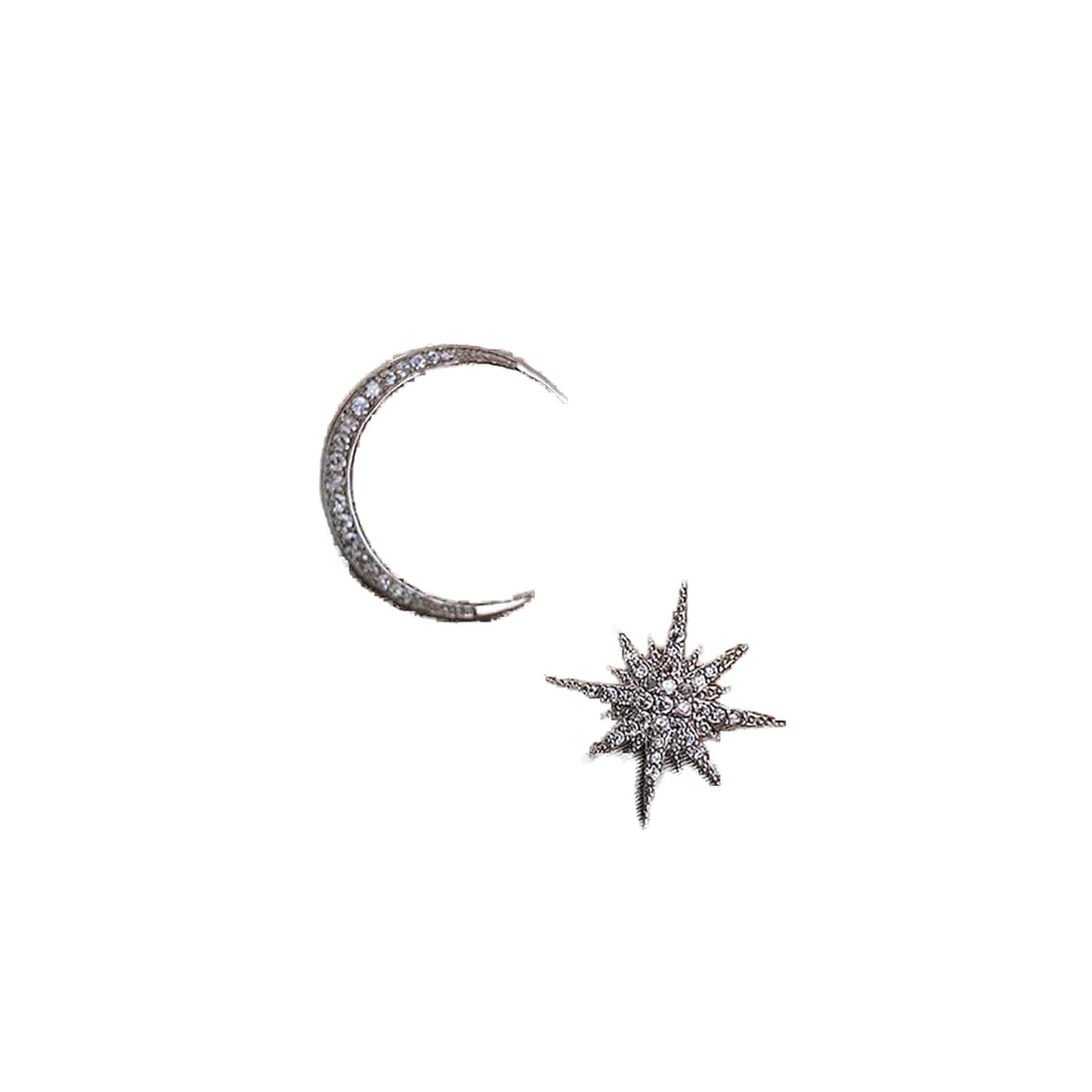 Boho Star Moon Studs Earrings Silver CZ Sunburst Earrings Rhinestone Crescent Moon Earrings Mismatched Earrings Jewelry for Women and Girls