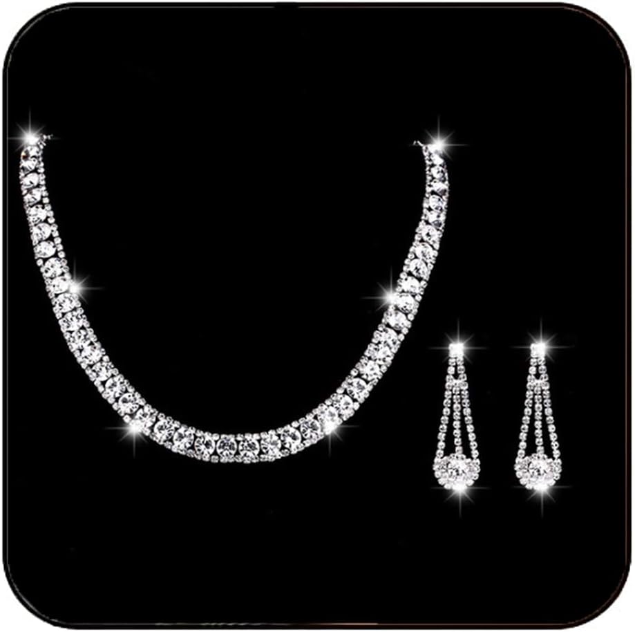 Yean Bride Silver Necklace Earrings Set Rhinestone Bridal Wedding Jewelry Sets Crystal Choker Necklace for Women (Set 3)