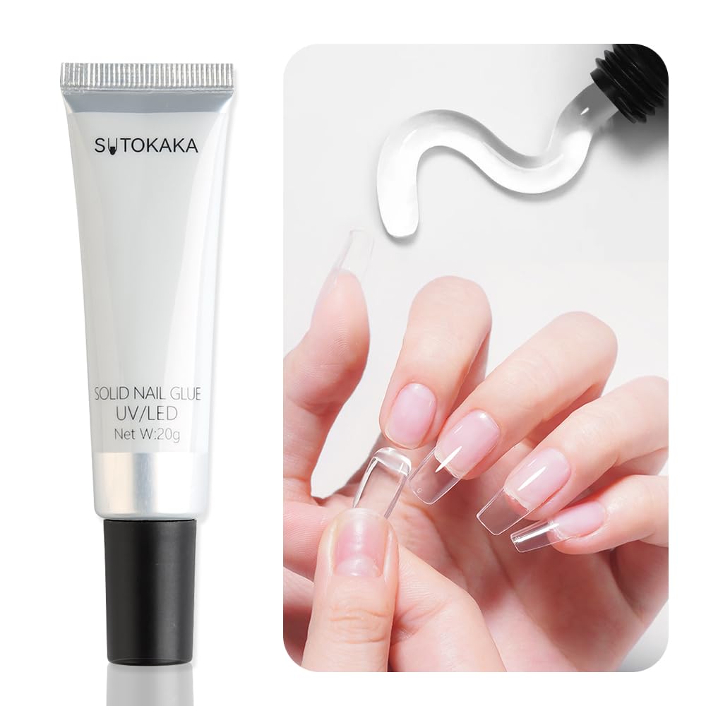 Solid Nail Glue Gel for Soft Gel Nail Tips, 20g Super Strong Nail Glue for Acrylic Nails Extension Press On Nails Fake Nails, Lamp Curing Needed Soak Off Nail Art Salon DIY at Home