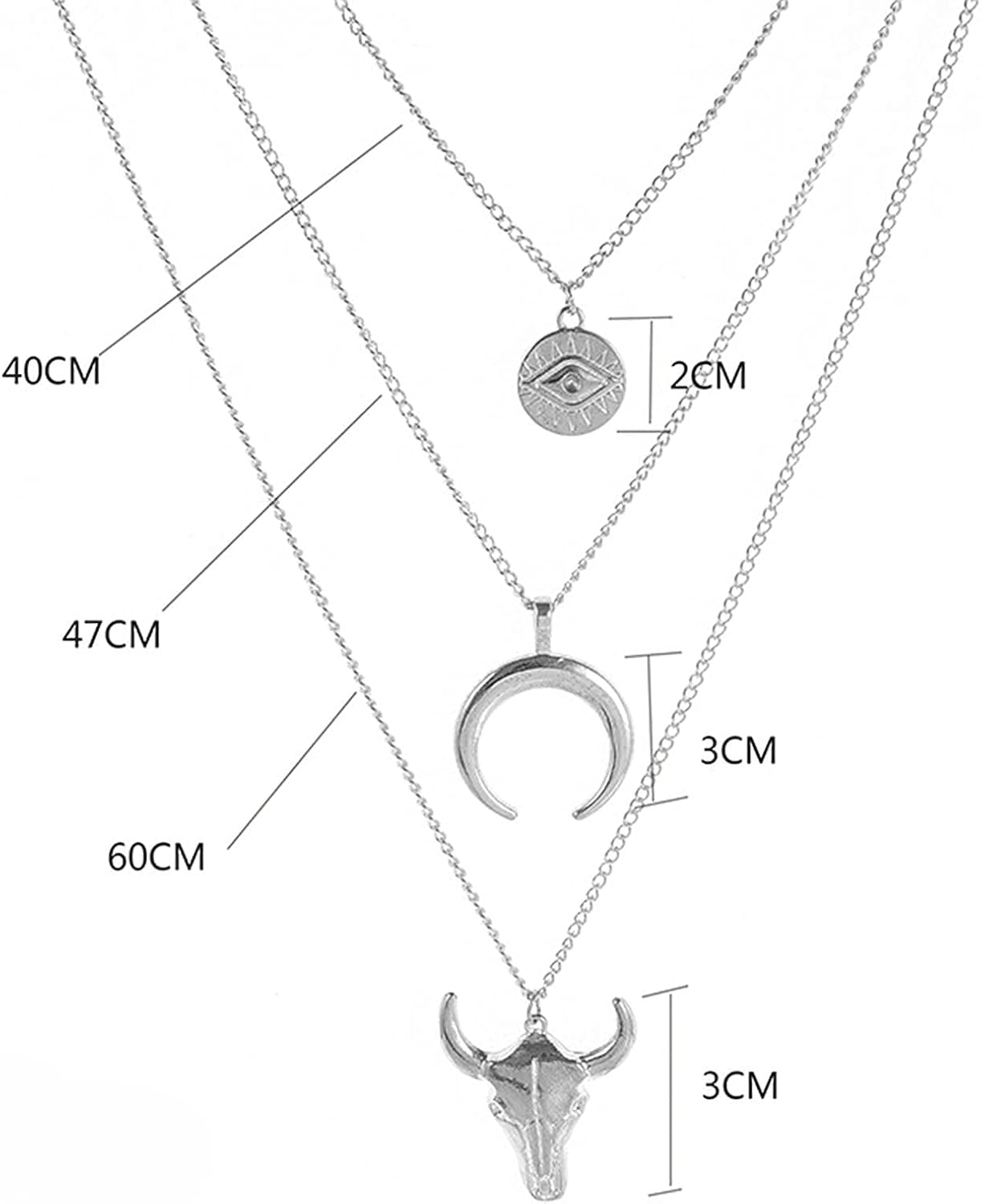 Boho Layered Moon Necklace Silver Compass Disc Pendant Necklace Chain Cow Evil Eye Charm Necklace Jewelry for Women