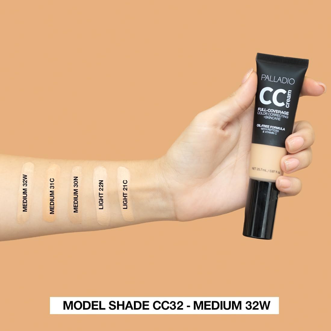 Palladio Full-Coverage Color Correction CC Cream, Oil-Free with Peptides & Vitamin C, Best for Correcting Redness and Uneven Skin Tone, Buildable Foundation Coverage (Med 32W)