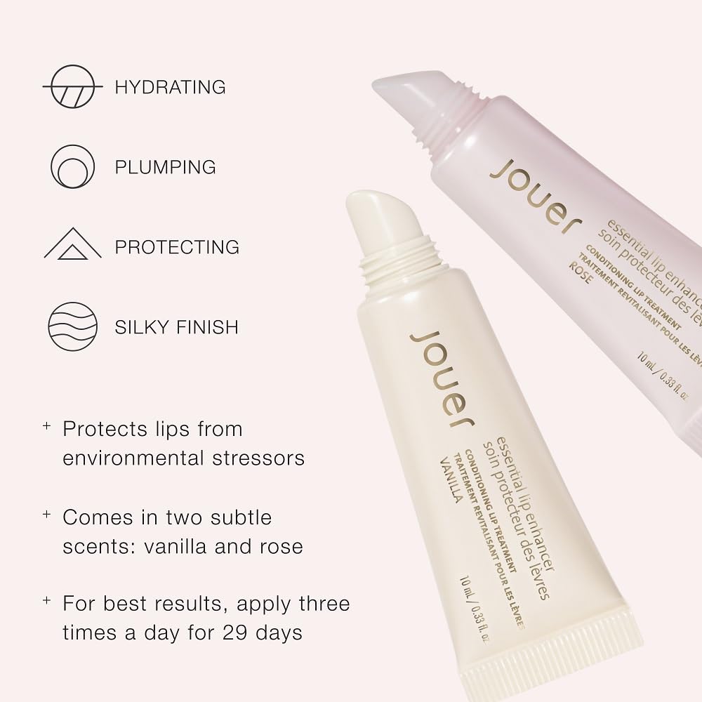 Jouer Essential Vegan Lip Enhancer - Plumping Lip Gloss - Enhancing Lip Conditioner - Moisturize, Plump, & Nourishing Lip Care - Jojoba Seed Oil & Maxi Lip Formula for Moisturizing and Fullness, Rose