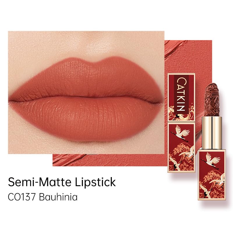 Catkin Rouge Matte Lipstick, Nude Waterproof Long Lasting Carving Satin Moisturizing Smooth Soft 0.13 Ounce-Chinese Style (CO137)