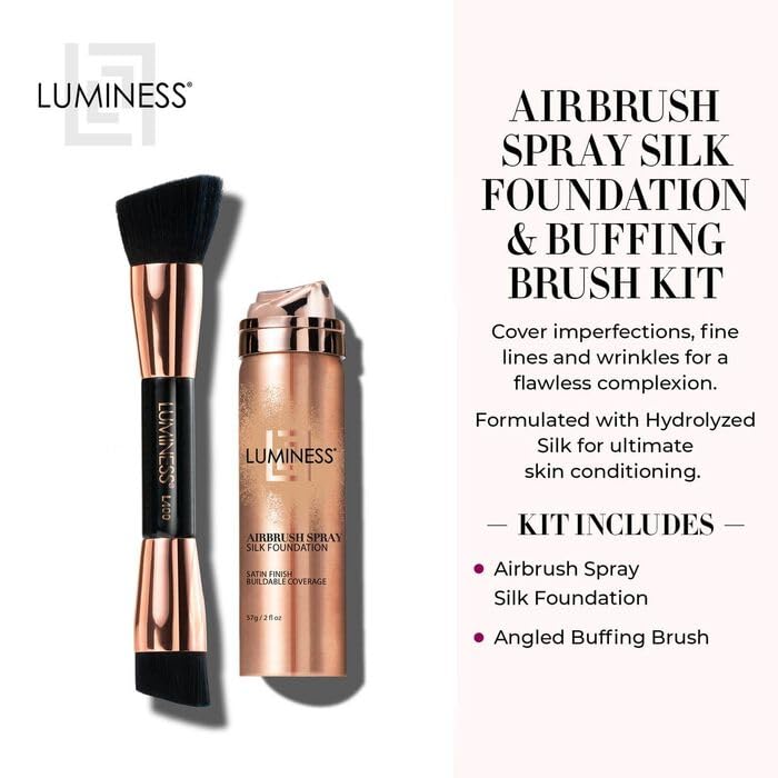 LUMINESS Silk Airbrush Spray Foundation & Buffing Brush Kit – Full Coverage Foundation & Dual-Sided Buffing Brush - Buildable Coverage, Anti-Aging Formula Hydrates & Moisturizes (Shade - Deep Dark)