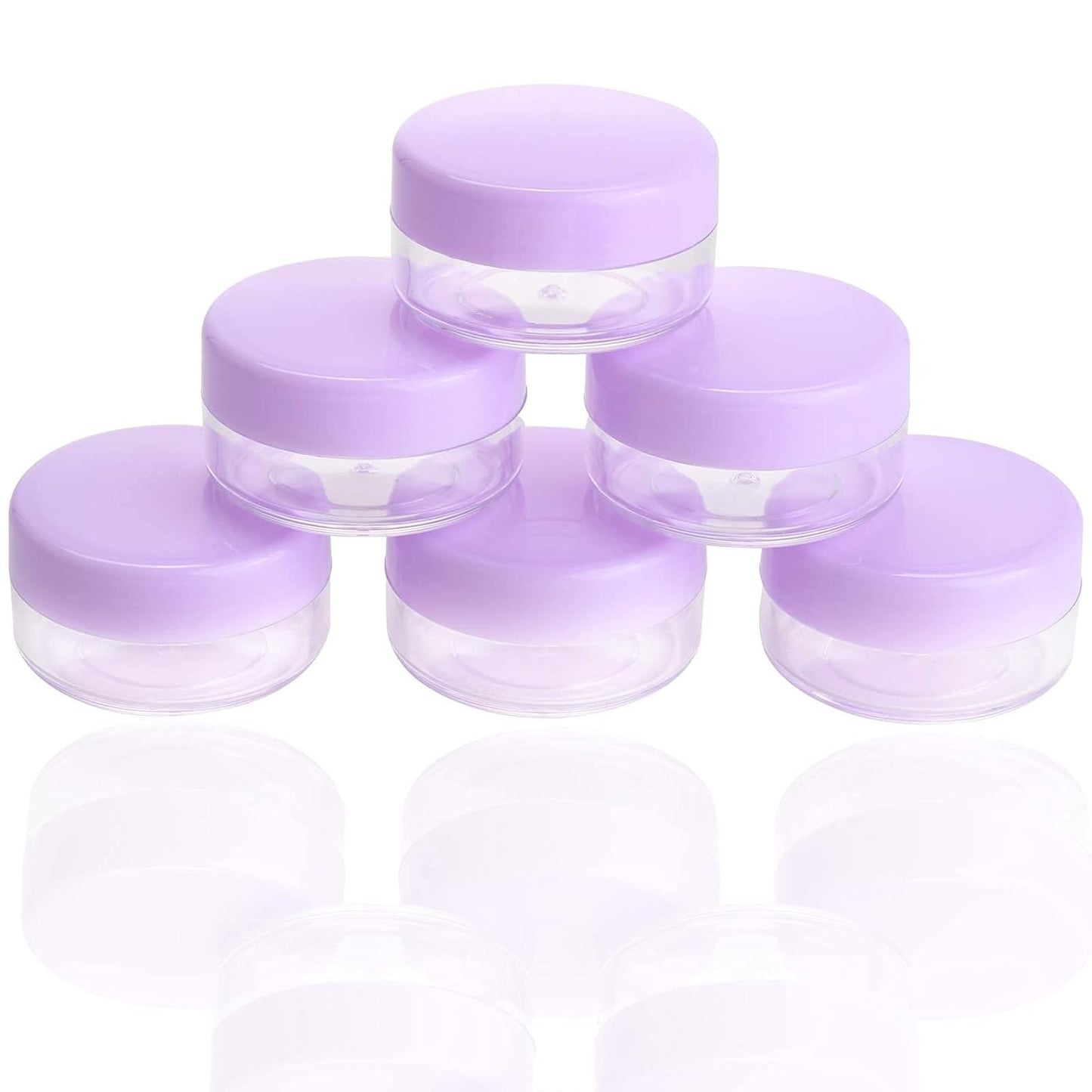 Refillable Cosmetic Sample Jars - 100 Pack 10g (0.35oz) Purple Small Travel Containers with Lids + 10 Mini Makeup Spatulas - BPA Free