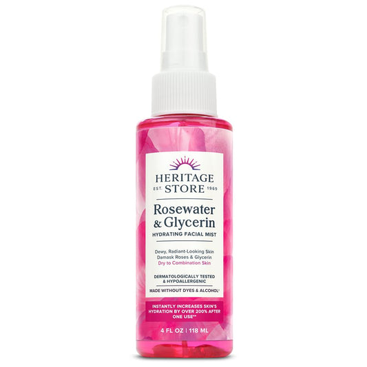HERITAGE STORE Rosewater & Glycerin Hydrating Facial Mist - Dry Combination Skin Care - Rose Water Spray w/ Vegetable Glycerine, Made Without Dyes or Alcohol, Hypoallergenic, Vegan, Cruelty Free, 4oz