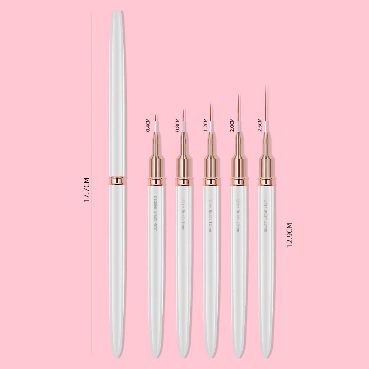 Metallic Nail Art Brushes, 5Pcs Nail Art Liner Brushes, Painting Design Brush Set Nail Dotting Drawing Tool for Long Lines, Thin Details, Fine Drawing Sizes 4/8/12/20/25mm, Sliver