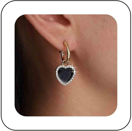 Vintage Crystal Heart Drop Earrings Black Heart Onyx Earrings Black Heart Hoop Huggie Earrings Gold Cz Love Heart Earrings Jewelry for Women