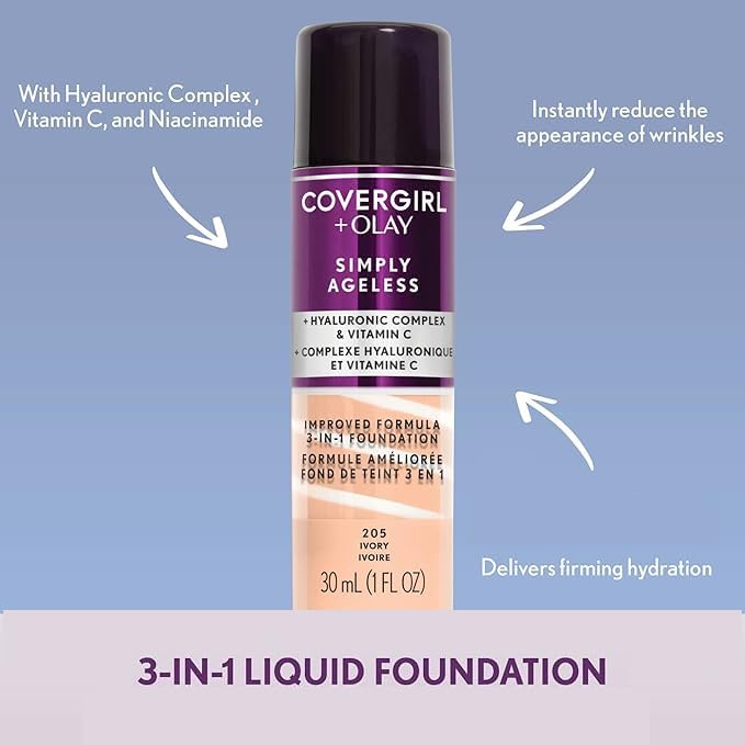 CoverGirl & Olay Simply Ageless 3-in-1 Liquid Foundation, Matte Finish, Hyaluronic & Vitamin C Formula, Soft Sable, 1 Count