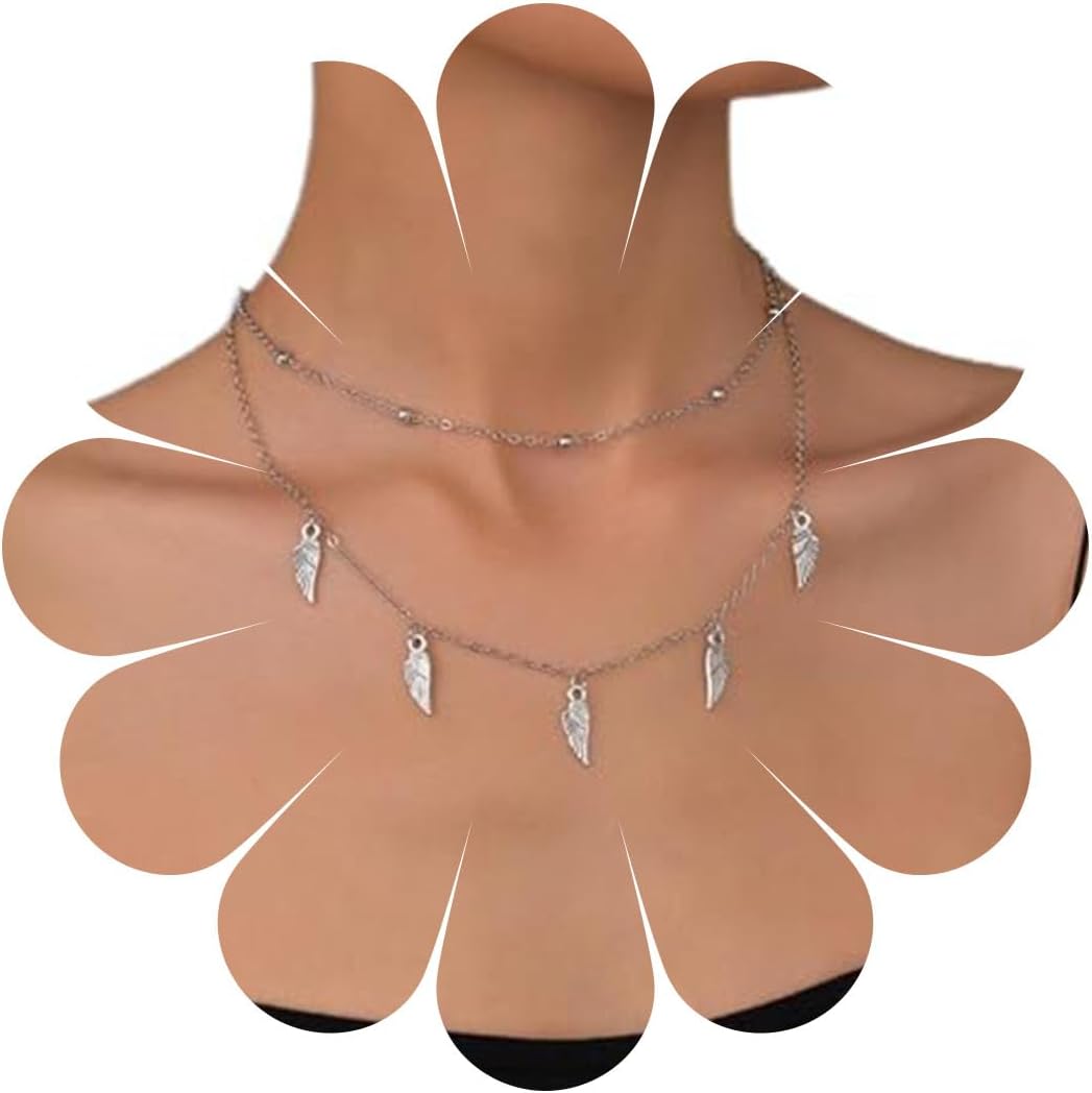 Vintage Layered Wing Dangle Necklace Angel Wing Pendant Necklace Tiny Wing Choker Necklace Silver Angel Wing Necklace Jewelry for Women