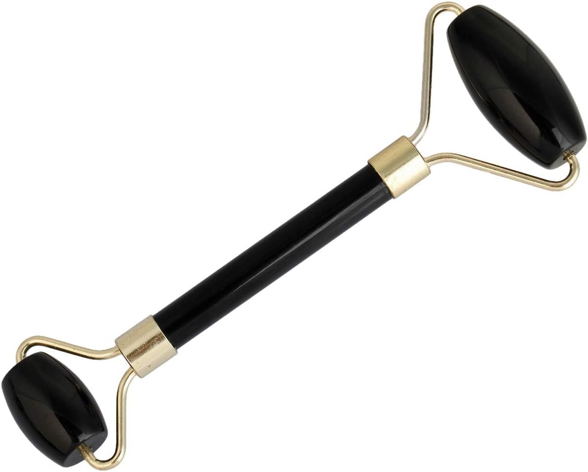 Rockcloud Natural Crystal Stone Roller Massager Double Neck Face & Neck Massage Therapy Anti-Aging Wrinkle Healing Slimming Skincare Tool,Black Obsidian