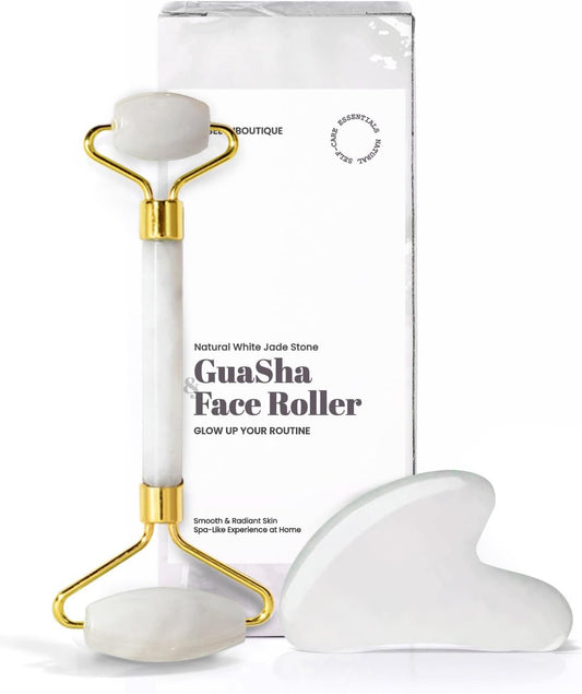 Gua Sha Facial Tools & Face Roller by ROSELYNBOUTIQUE Original Face Massager for Puffiness Wrinkless Skin Care Routine - Self Care Gift for Men Women (White Jade)