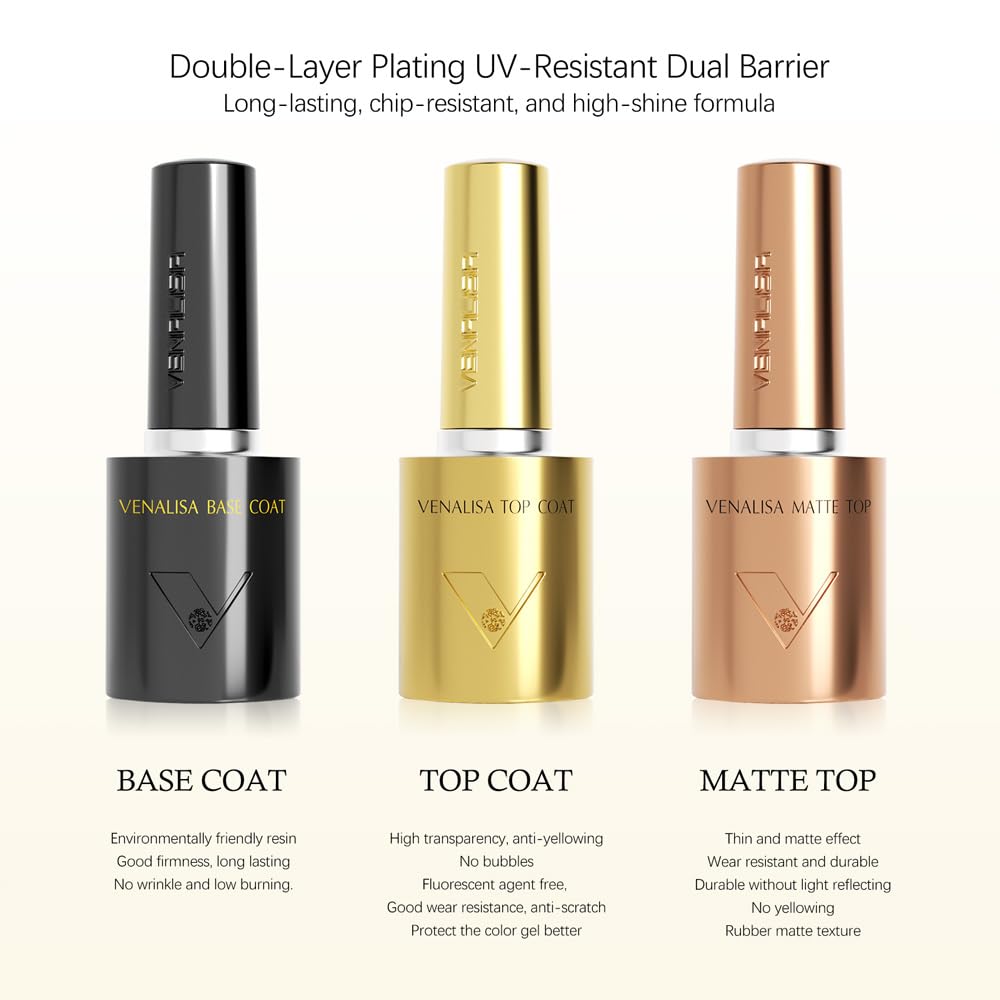 VENALISA 3 Pcs No Wipe Glossy and Matte Gel Top Coat and Base Coat Set for Gel Nail Polish- High Gloss Base Matte & Shiny Top Coat Kit, Soak Off Nail Art Home and Professional Manicure