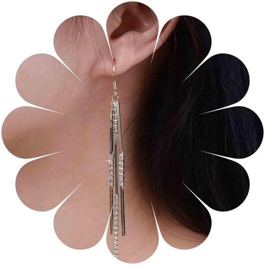 Vintage Crystal Tassel Earrings Rhinestone Bar Drop Earrings Long Rhinestone Chain Earrings Gold Cz Bar Hook Earrings Sparkle Tennis Chain Earrings Jewelry for Women