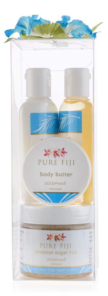 Pure Fiji Spa Gifts for Women and Man - Body Gift Box Include: Sugar Scrub, Bath and Body Oil, Body Butter and Body Lotion, Scent Coconut