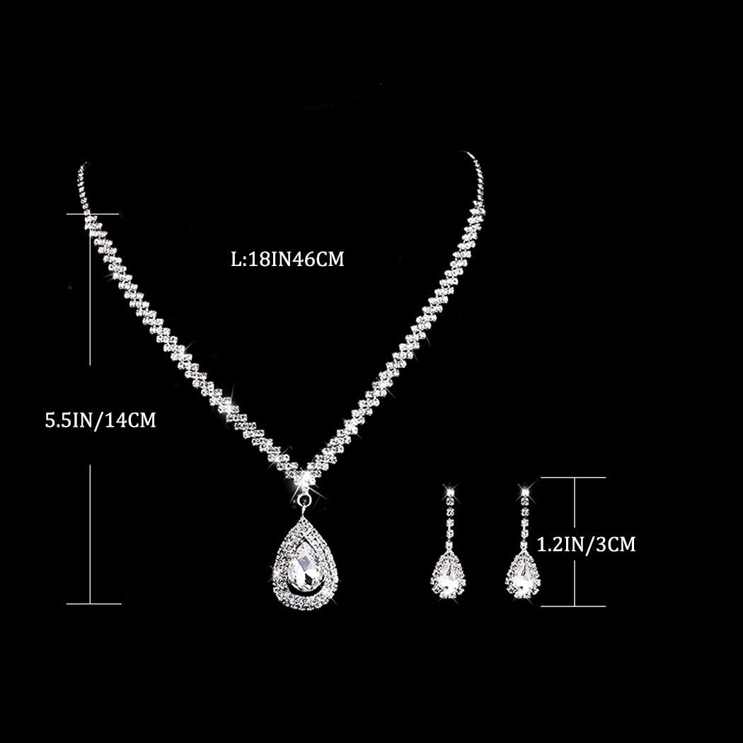 Bride Silver Necklace Earrings Set Rhinestone Wedding Jewelry Set Crystal Choker Necklace for Women