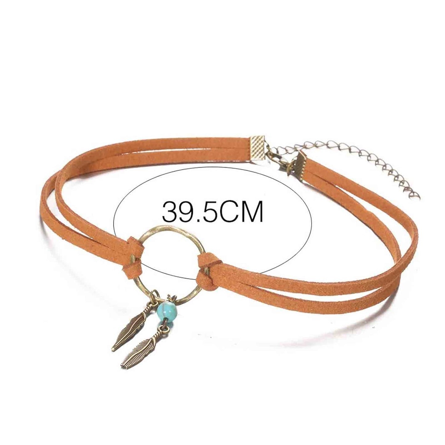 Boho Layered Suede Choker Necklace Tiny Leaf Pendant Necklace Chain Brown O Ring Leather Choker Necklace Turquoise Bead Necklace Chain Jewelry for Women and Girls