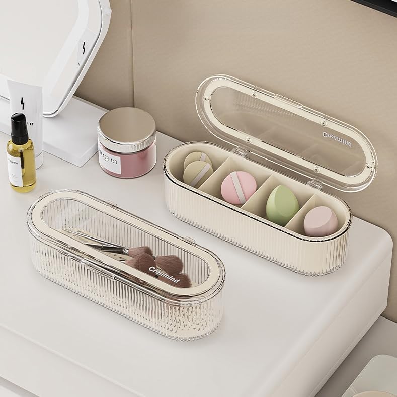 Clear Acrylic Makeup Brush Holder Organizer With Lid - Cosmetic Storage Case Display for Vanity and Sponges
