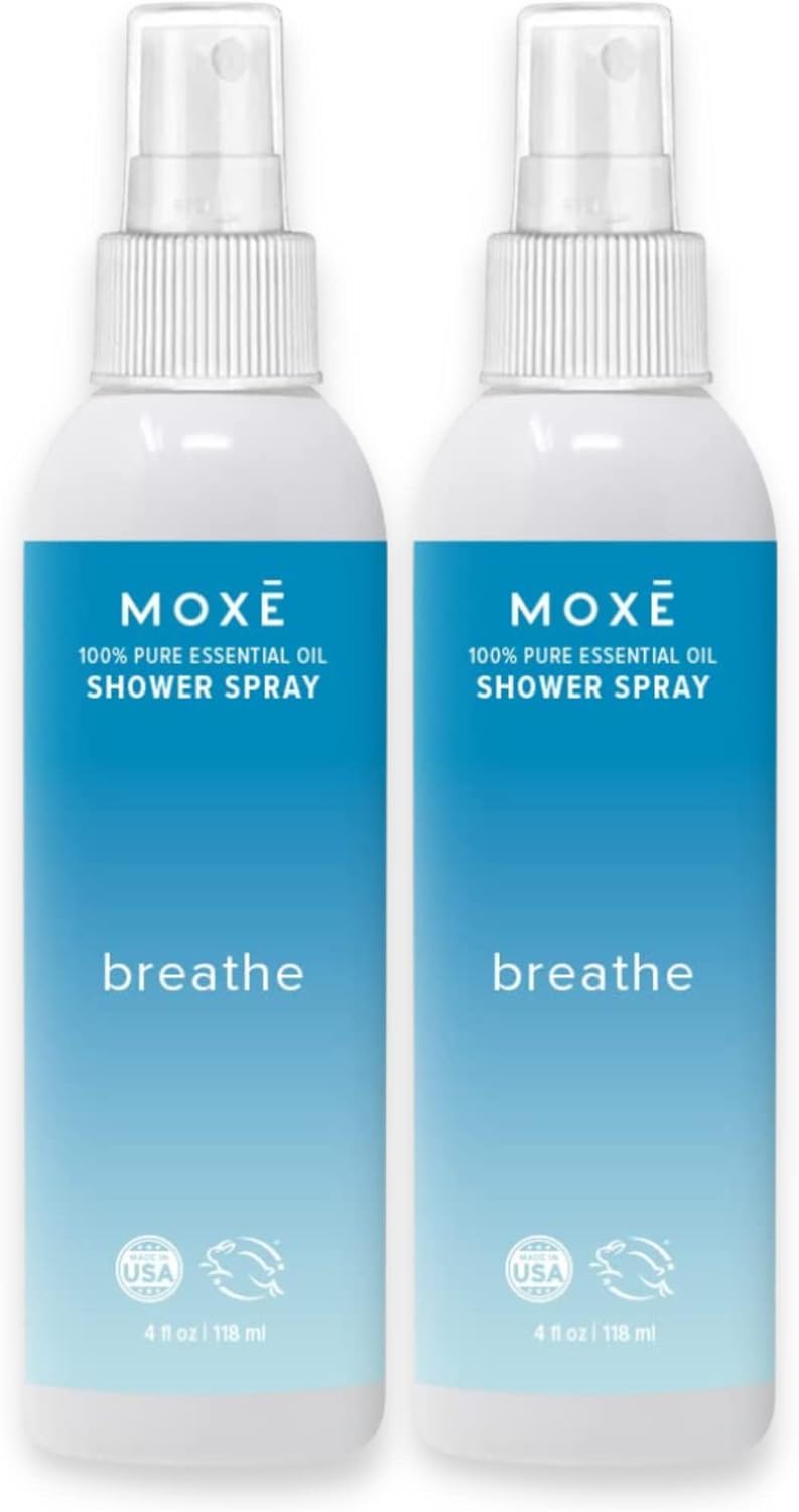 MOXE Shower Mist, Spa Steam Spray, Certified Natural Essential Oils, Aromatherapy, Tension Relief (Breathe, 4 Fl Oz (Pack of 2))