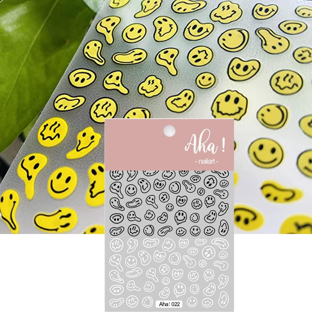 Smiling Face Nail Art Stickers 3D Nail Decals Cute Self-Adhesive Nail Stickers Yellow Black and White Twisted Smiling Face Nail Supplies for Women Girls Kids Nail Decorations