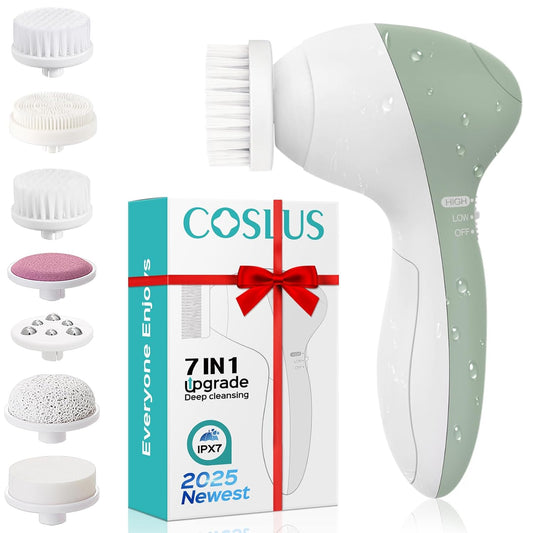 COSLUS Facial Cleansing Brush Silicone Face Scrubber: 7 in 1 FBS-D Electric Exfoliating Rotating Massage Device Waterproof Deep Cleaning Exfoliation Spa Machine - Electronic Skin Care Wash System
