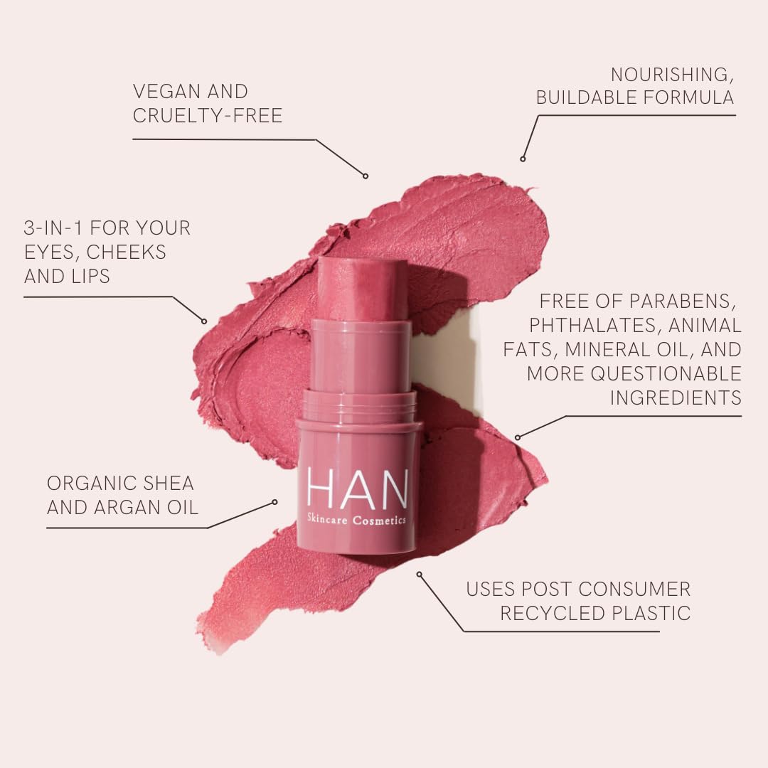 HAN Skincare Cosmetics Vegan, Cruelty-Free, 3-in-1 Multistick for Cheeks, Lips, Eyes, Pink Peony | Large