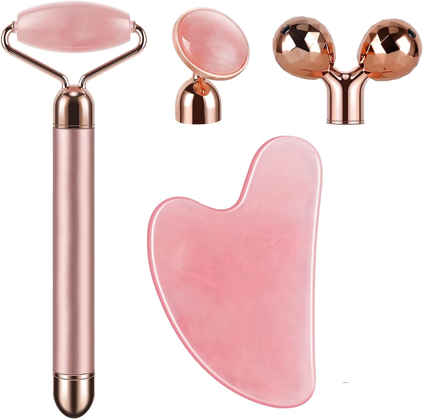 4-in-1 Face Massager and Gua Sha Set for Women, Rose Quartz Face Roller Skin Care Tools Electric Eye Massager Tool for Face Skin Roller
