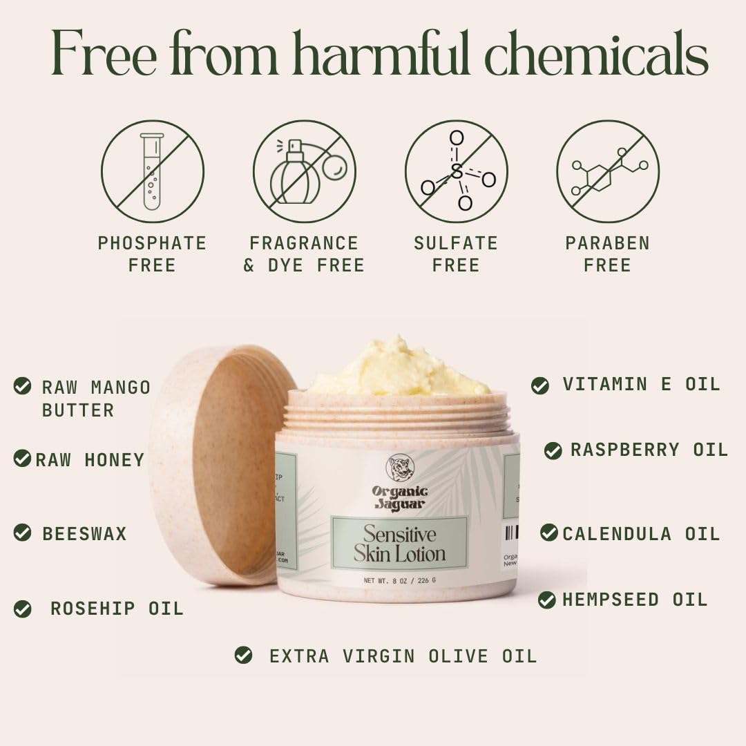 Natural Body Lotion for Sensitive Skin, Scent Free, Sulfate & Paraben Free Body Care, Moisturizer With Essential Oils, Vitamin E Oil, Beeswax, Extra Virgin Olive Oil, Raw Honey, 8 oz