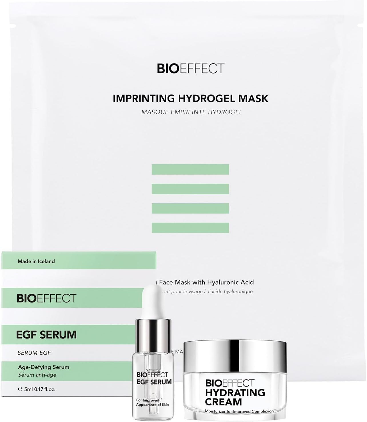 BIOEFFECT EGF Serum Try-Me Mini Sample Skincare Set with Hydrating Cream & Hydrogel Mask, Travel-Size Trio of Growth Factor Anti-Aging Serum, Moisturizer & Soothing Facial Mask