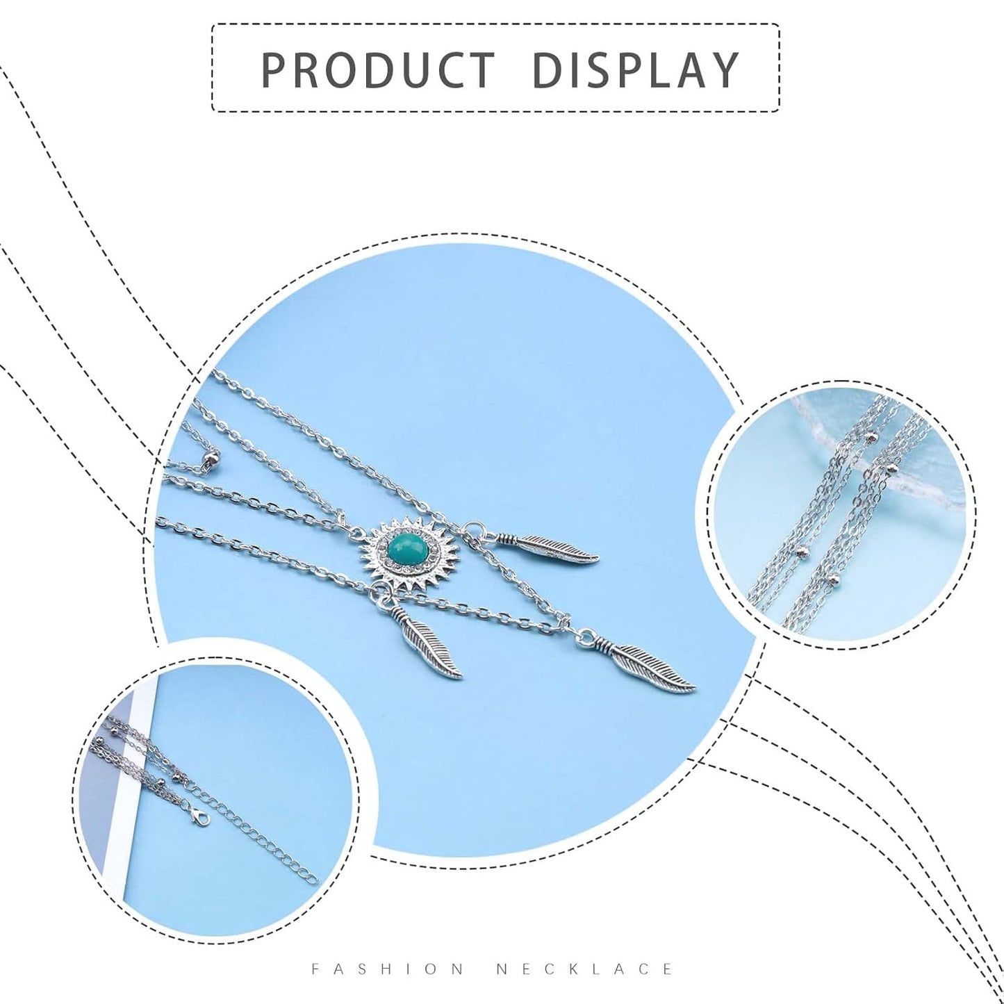 Boho Layered Feather Choker Necklace Turquoise Pendant Necklace Chain Vintage Crystal Paved Sun Necklace Silver Sunflower Necklace Jewelry for Women and Girls