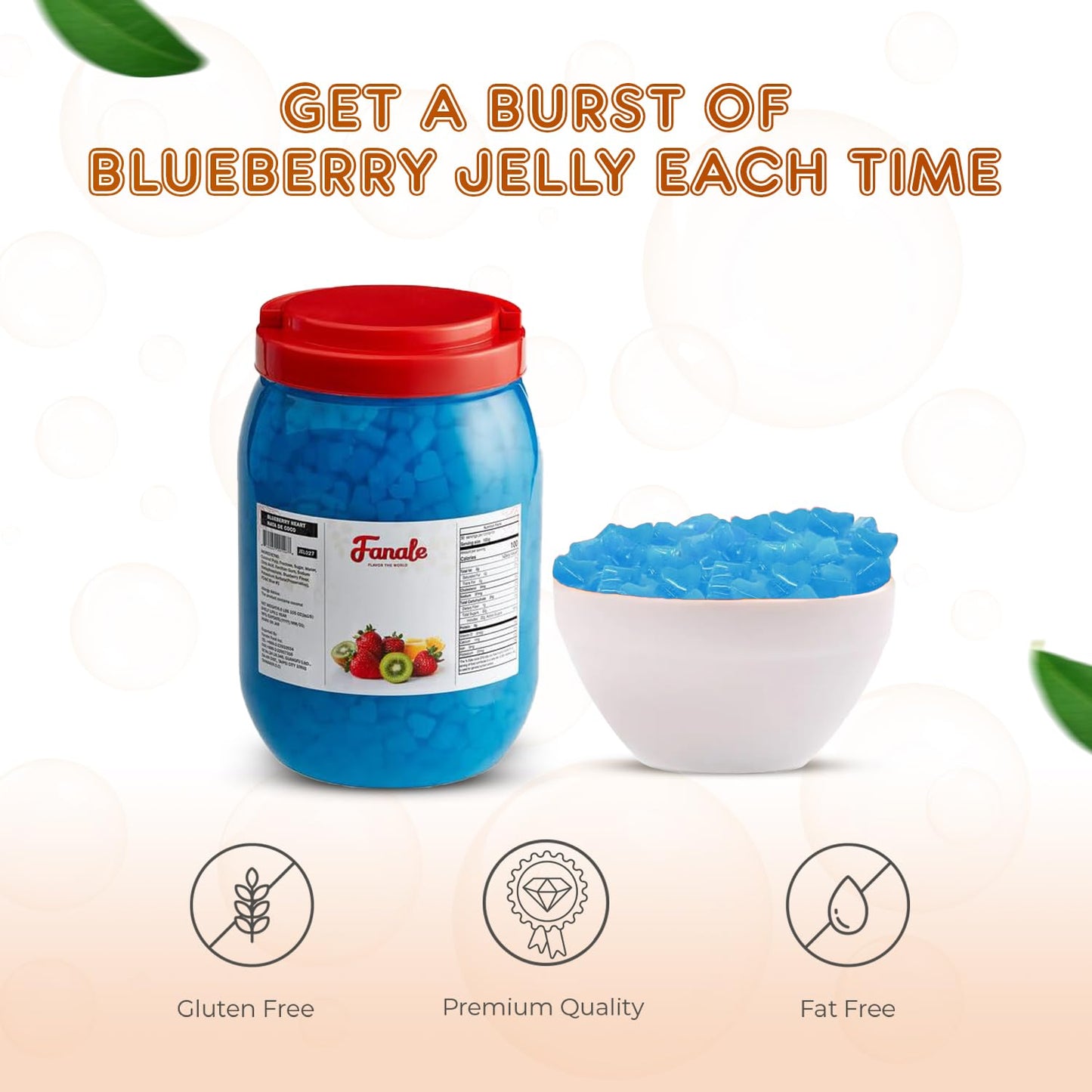 New Fanale Coconut Jelly Topping nata de coco for Boba Tea | Ice Cream | Yogurt | Smoothie | Milk Tea | Desserts Blueberry Heart Shaped, 6.6 pound (Pack of 4)| JEL027-CS