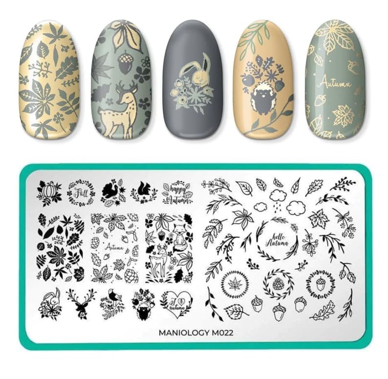 Maniology Friendly Forest Nail Stamping Starter Kit | Autumn Designs with Woodland Creatures, Fall Leaves & Cozy Seasonal DIY Manicures – with Stamping Plate, Polish, Top Coat, Stamper & Scraper Card