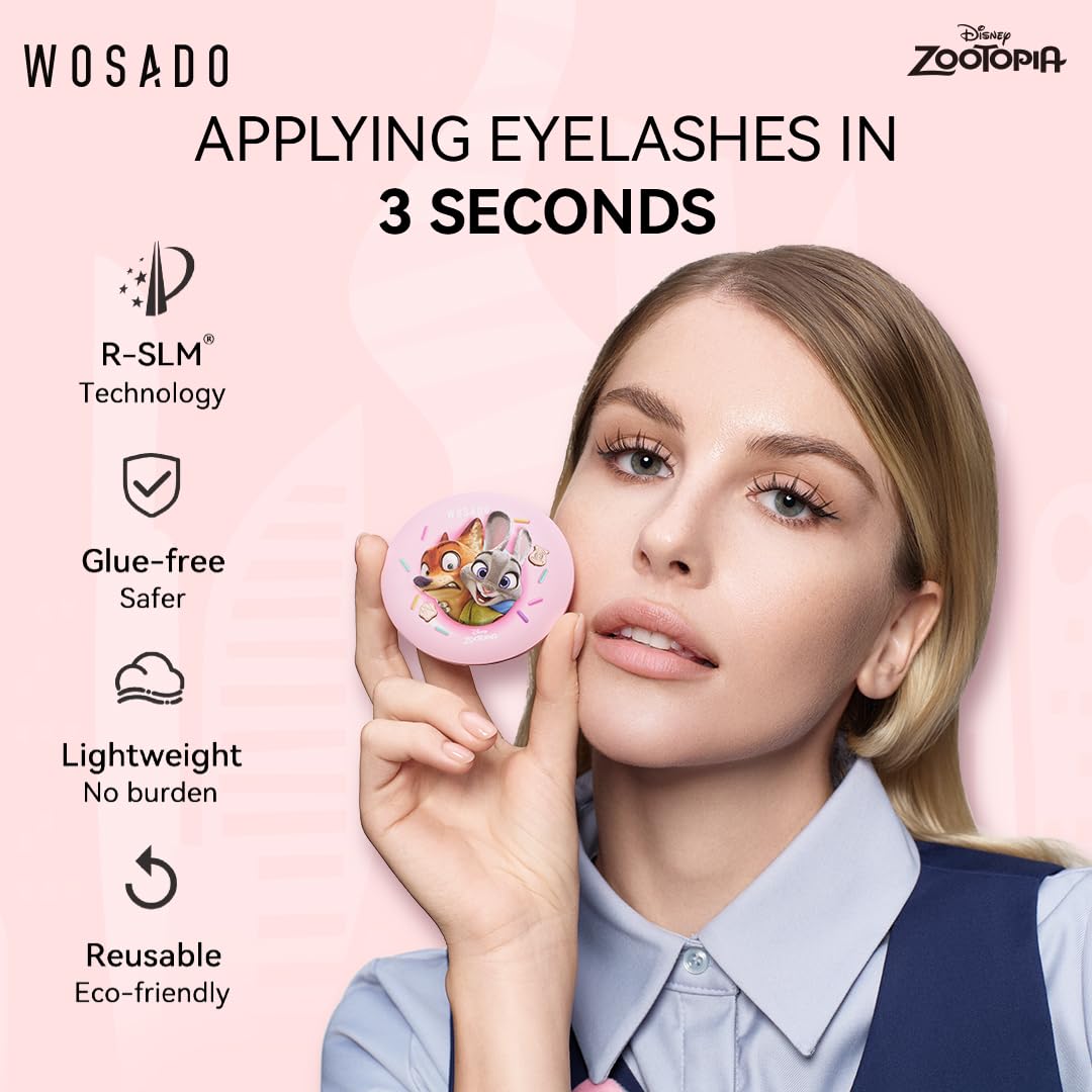 WOSADO×Disney Soft Magnetic Eyelashes Kit with Applicator, No.14 Frost Black Reusable Glue-free Wispy Magnetic Lashes, Cruelty-free False Lashes, Waterproof, Lightweight, Suit for Heavy Makeup