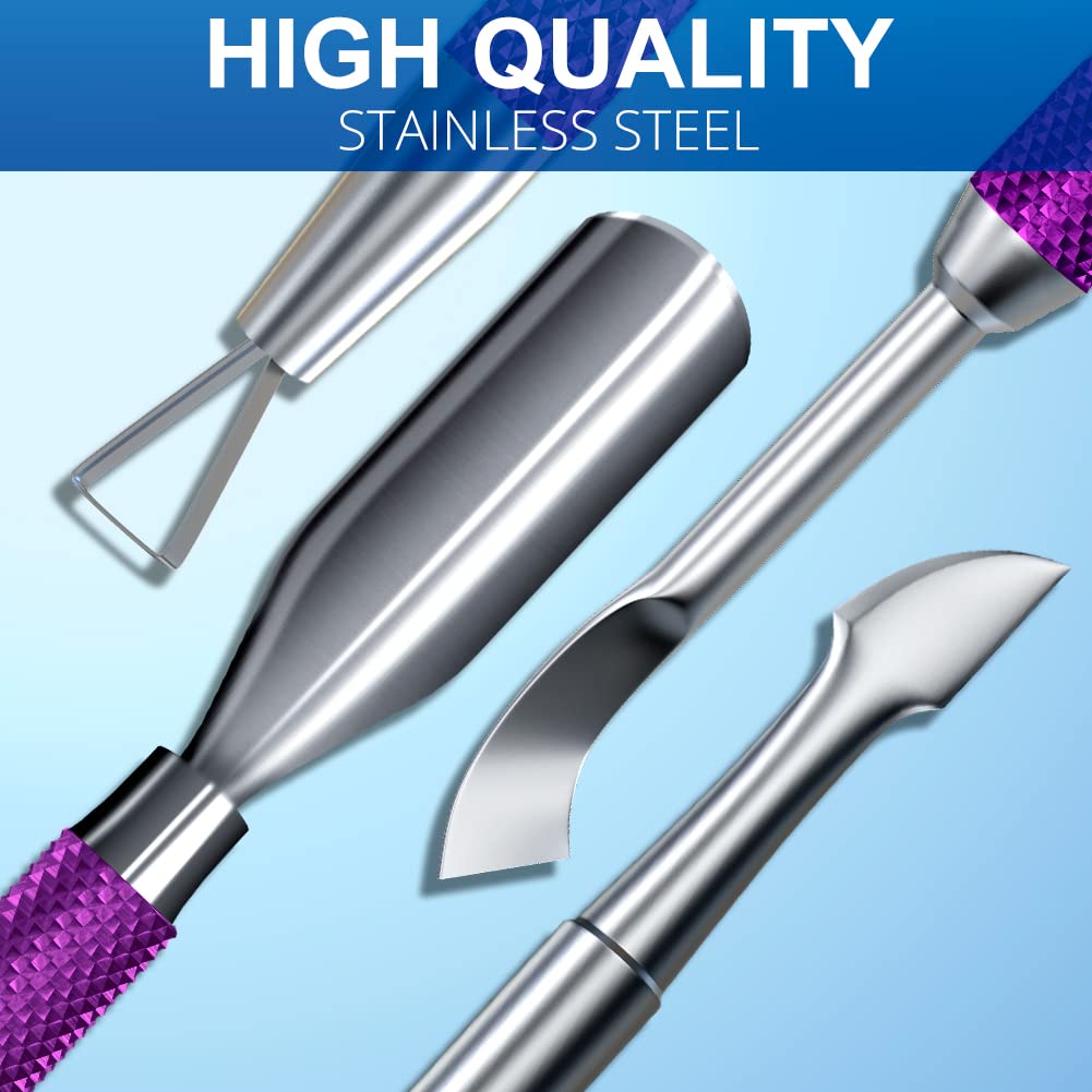 2PCS Metal Deep Purple Cuticle Pusher and Cutter Remover Salon Quality Stainless Steel Gel Nail Polish Peeler Scraper Durable Manicure and Pedicure Cleaner Tool For Fingernail and Toenail