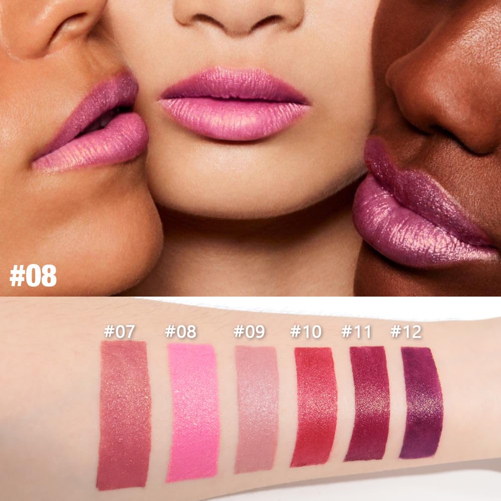 3Pcs Nude Pink Metallic Lipstick Lip Gloss for Women Set,Lightweight Shimmer Frosted Long Lasting Lipstick,Glitter Lip Stain Waterproof Smudge Proof 24 Hour Full Coverage Lip Makeup,Vegan（07,08,09)