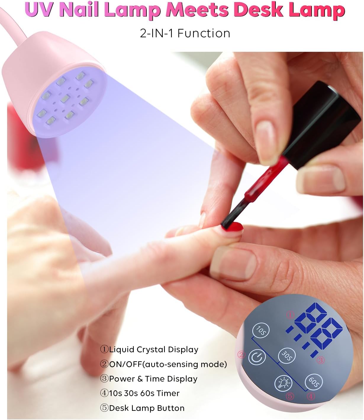 UV Nail Lamp, 2 in 1 UV Light for Gel Nails Curing Polish and Desk Lamp,27W Rechargeable LED Nail Light Nail Dryer with 3 Timers & Auto Sensor, Fast Flash Goosenecks Lamp for Home DIY Manicure-Pink