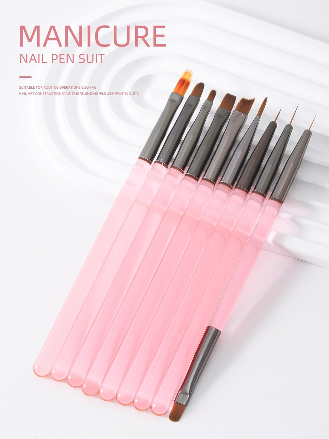 Nail Art Brushes Set, 9pcs Nail Design Painting Brushes, Professional Nail Art Design Brushes, Nail Fine Liner Brushes, Pink