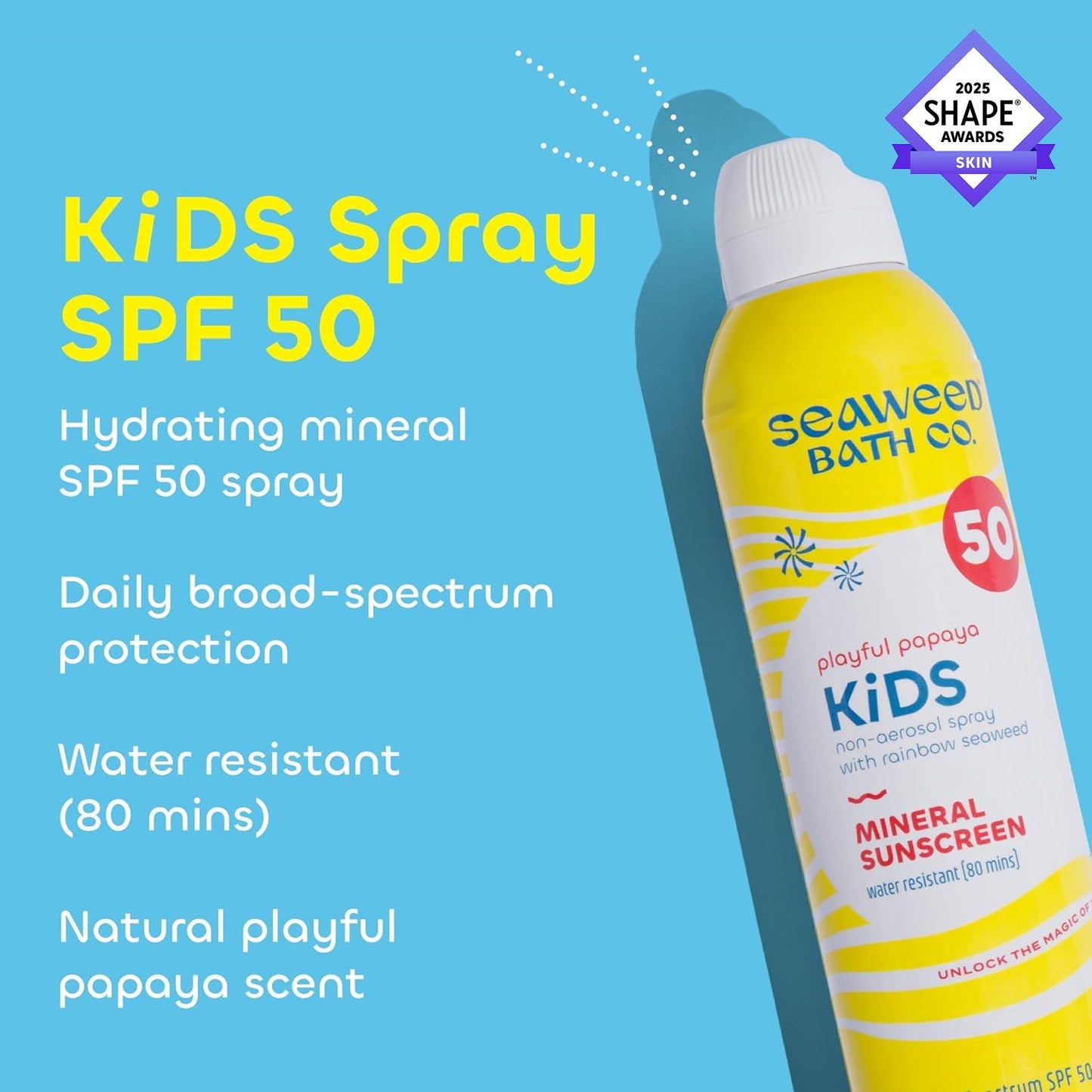 Seaweed Bath Co. Kid's Mineral SPF 50 Broad Spectrum Sunscreen Spray, 6 Ounce (Pack of 2), Papaya Scented, Water Resistant, Tear Free, Sensitive Formula, with Zinc Oxide, Rainbow Seaweed, Watermelon