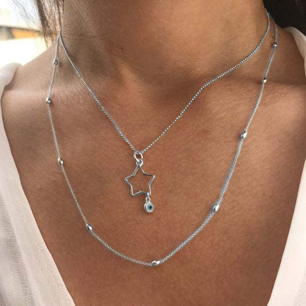 Bohemian Multi-layer Necklace with Hollow Star Demon Eye Pendant Fashion Layered Necklaces Chain Jewelry for women and girls