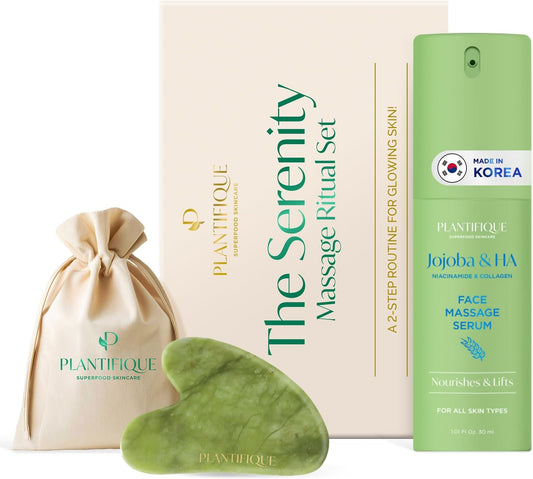PLANTIFIQUE Massage Ritual Set: Premium Certified Jade Gua Sha + Jojoba Oil & HA Serum Skin Care Set, Birthday Gifts for Women, Teens, Mom, Brides