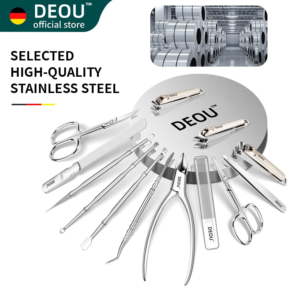 DEOU 13pcs Women Nail Grooming Kit Stainless Steel Professional Manicure Set Nail Care Tools with Luxurious Portable Travel Case Gift
