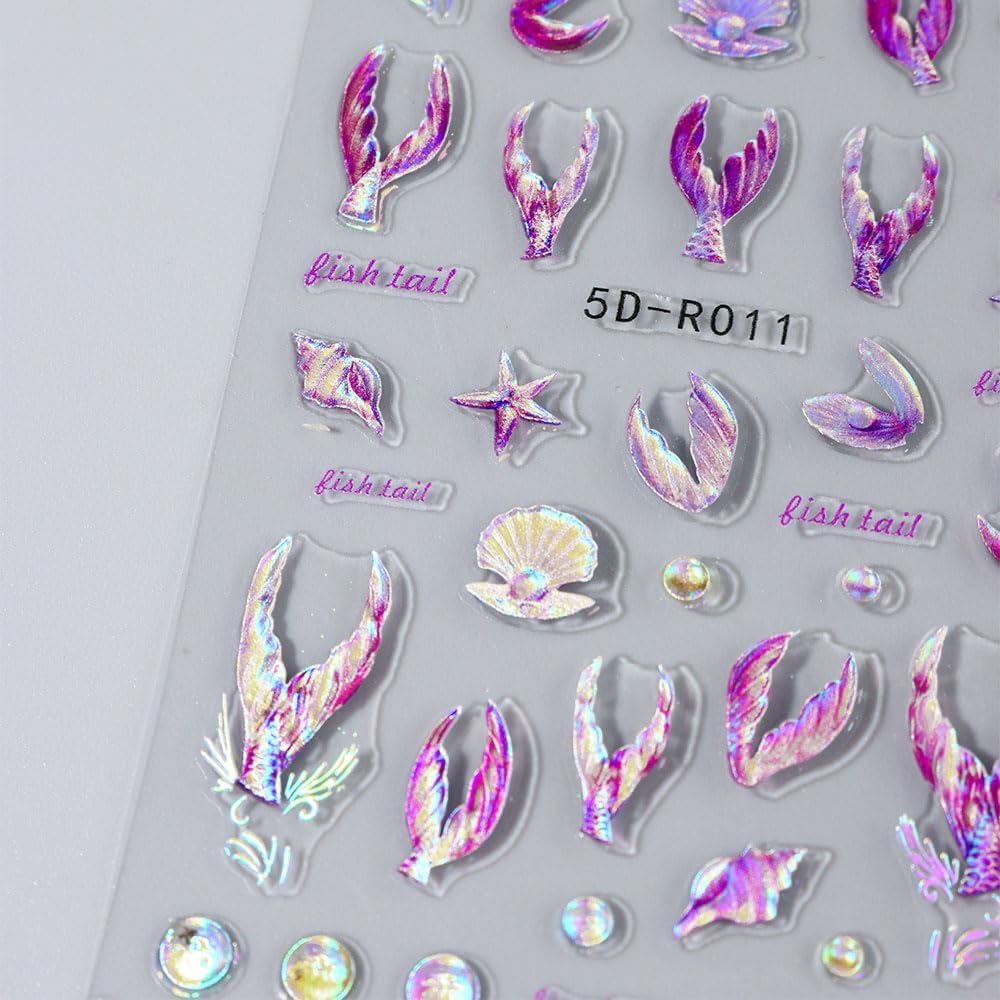 5D Dreamy Mermaid Tail Nail Stickers Summer Nail Decals 5D Embossed Laser Mermaid Nail Art Stickers Sea Wave Fishtail Shellfish Starfish Nail Design Stickers Self Adhsive Ocean Stickers for Nails DIY
