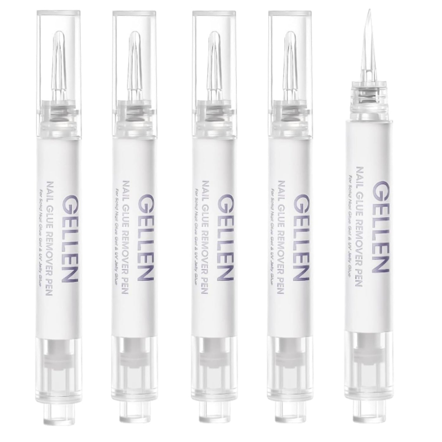 Gellen Nail Glue Remover 5 Pcs, Glue Remover Pen for Press on Nails, Non Acetone Press on Removal, 10s Quick Remove for Nail Tips Fake Nails Solid Glue Gel