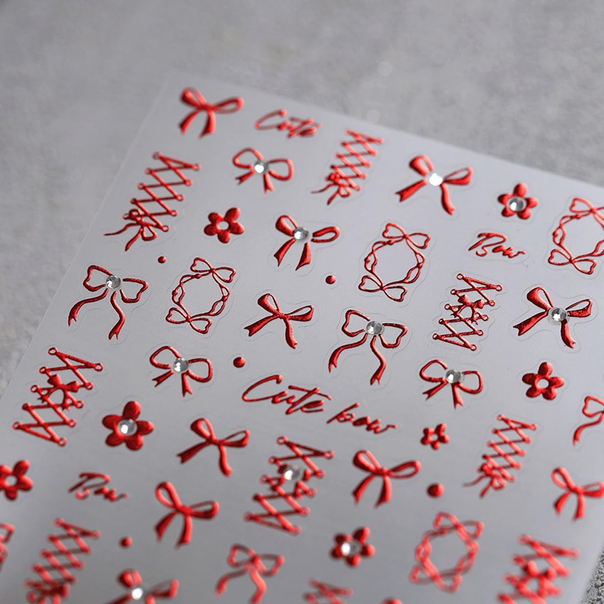 5D Embossed Red Bows Nail Stickers, Nail Art Sticker with Crystal Rhinestones Self-Adhesive Nail Decals for Women Nail Supplies Art Design Stickers (1, Red)