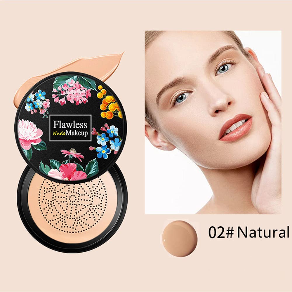 Beauty Glazed Mushroom Head Air Cushion CC Cream Foundation Cover Concealer Makeup Moisturizing Brightening Pigment Liquid Foundation, Even Skin Tone Makeup Base BB # 02 Naturel