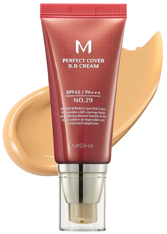 MISSHA M Perfect Cover BB Cream No.29 Caramel Beige For Medium with warm skin tone SPF 42 PA+++ 1.69 Fl Oz - Tinted Moisturizer for face with SPF
