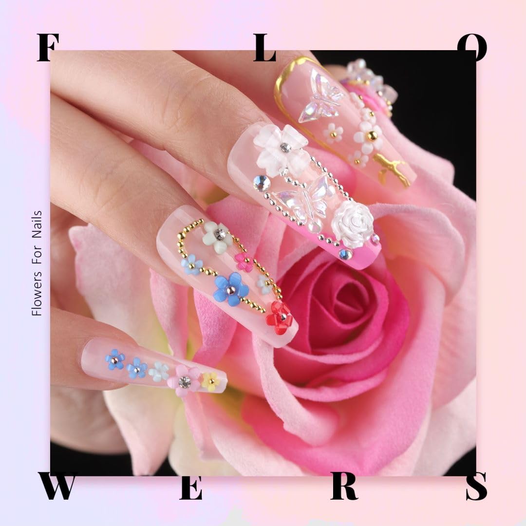 3D Flowers for Nails, Colorful Acrylic Flower Nail Charms with Caviar Beads, Flat Back Glass Crystal AB + Clear Gemstones Round Gems Rhinestones for Nails & Acrylic Nails with Dotting Tools