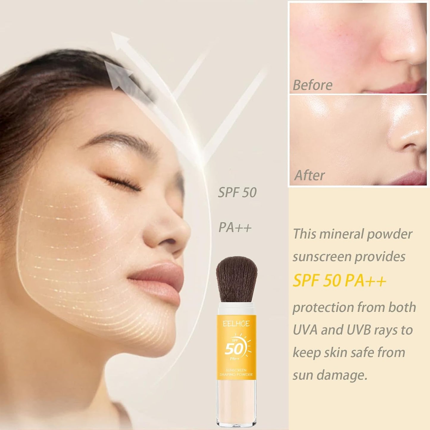 Mineral Sunscreen Setting Powder, SPF 50 PA++ Powder Sunscreen for Face, Oil Control Lightweight Breathable Concealer Brush Powder, Mineral Brush Face Powder Translucent Powder for All Skin